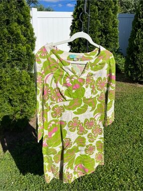 Boden Linen Floral Tunic Dress in Off-white, Green and Pink